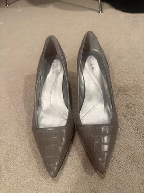 Gray Croc-Embossed Pointed Toe Pumps